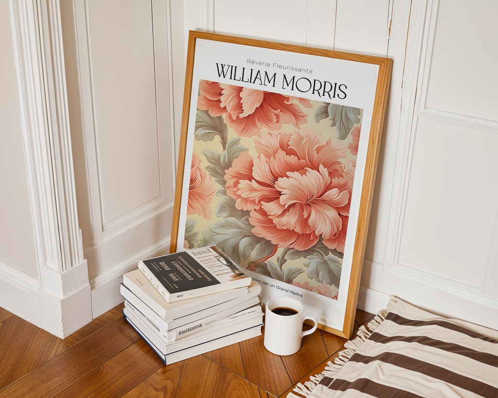 Mockup av William Morris Coral Peony affisch på vägg – köp enkelt hos Bozetto i hög kvalitet