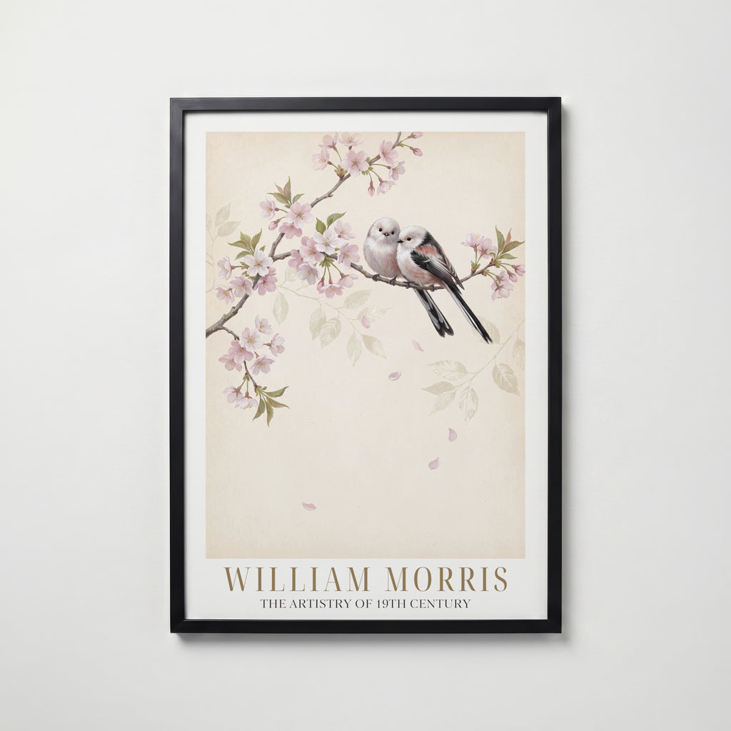 William Morris Long-Tailed Tits in Cherry Blossom Poster – svart ram