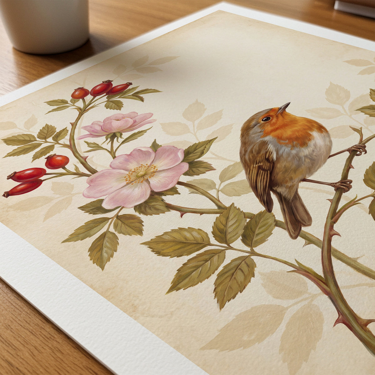 William Morris Robin and Rose Hips Poster – närbild på papper