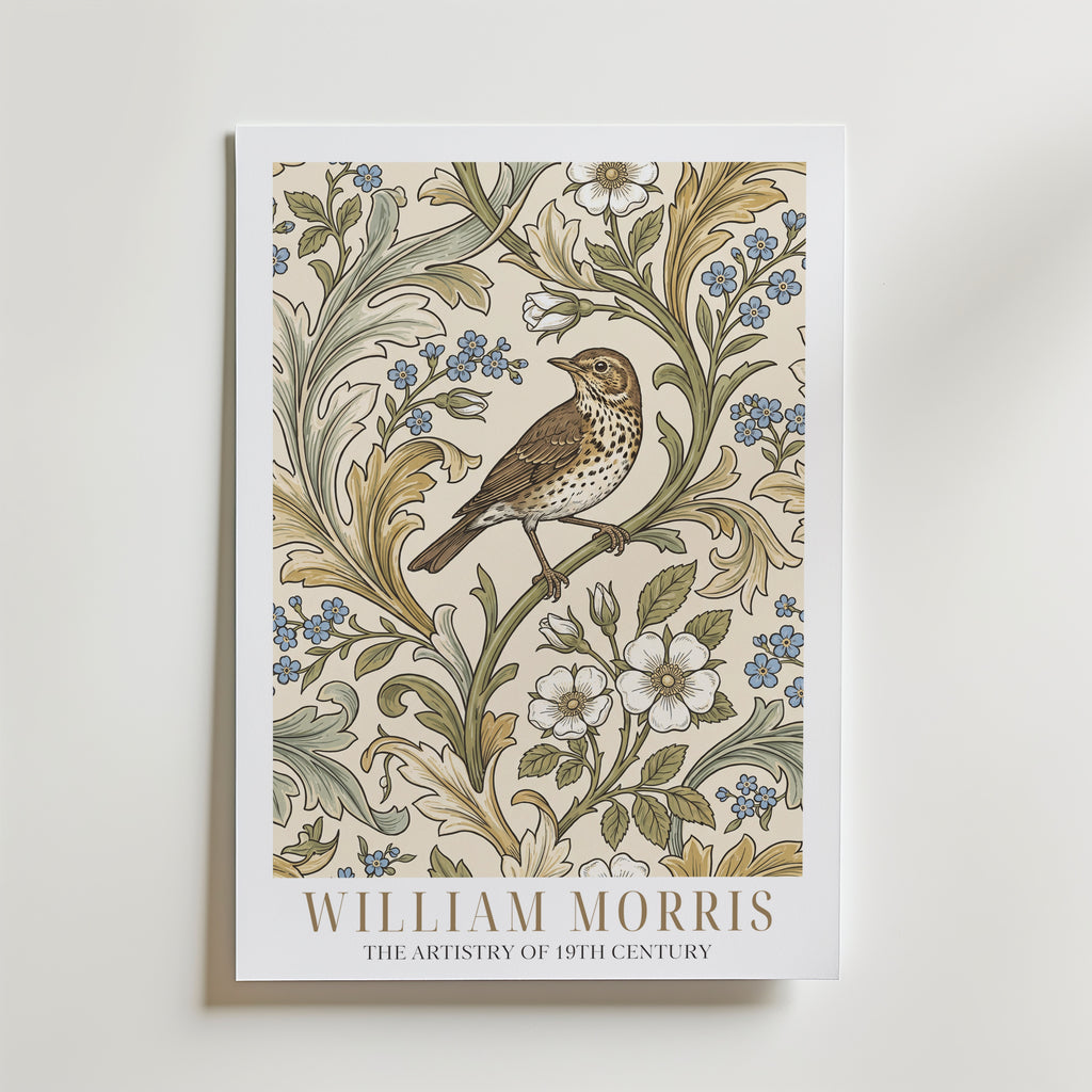 William Morris Song Thrush Woodblock Poster – med passepartout