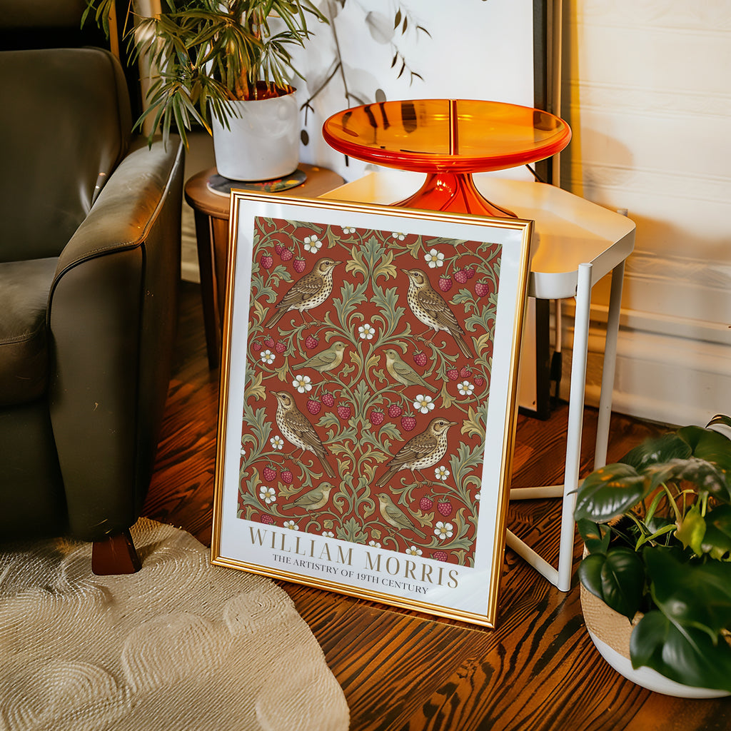 William Morris Thrushes and Strawberries on Terracotta Poster – i rum 5