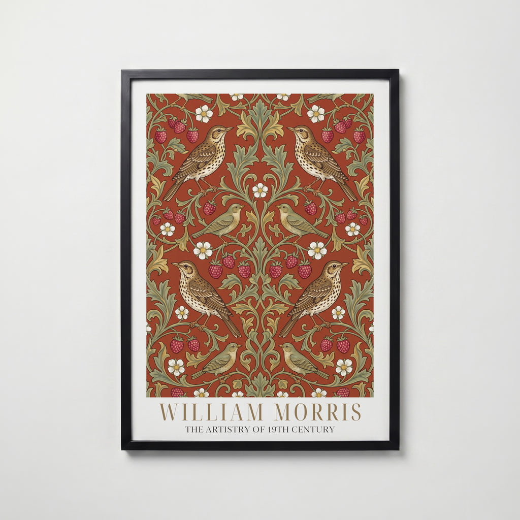 William Morris Thrushes and Strawberries on Terracotta Poster – svart ram