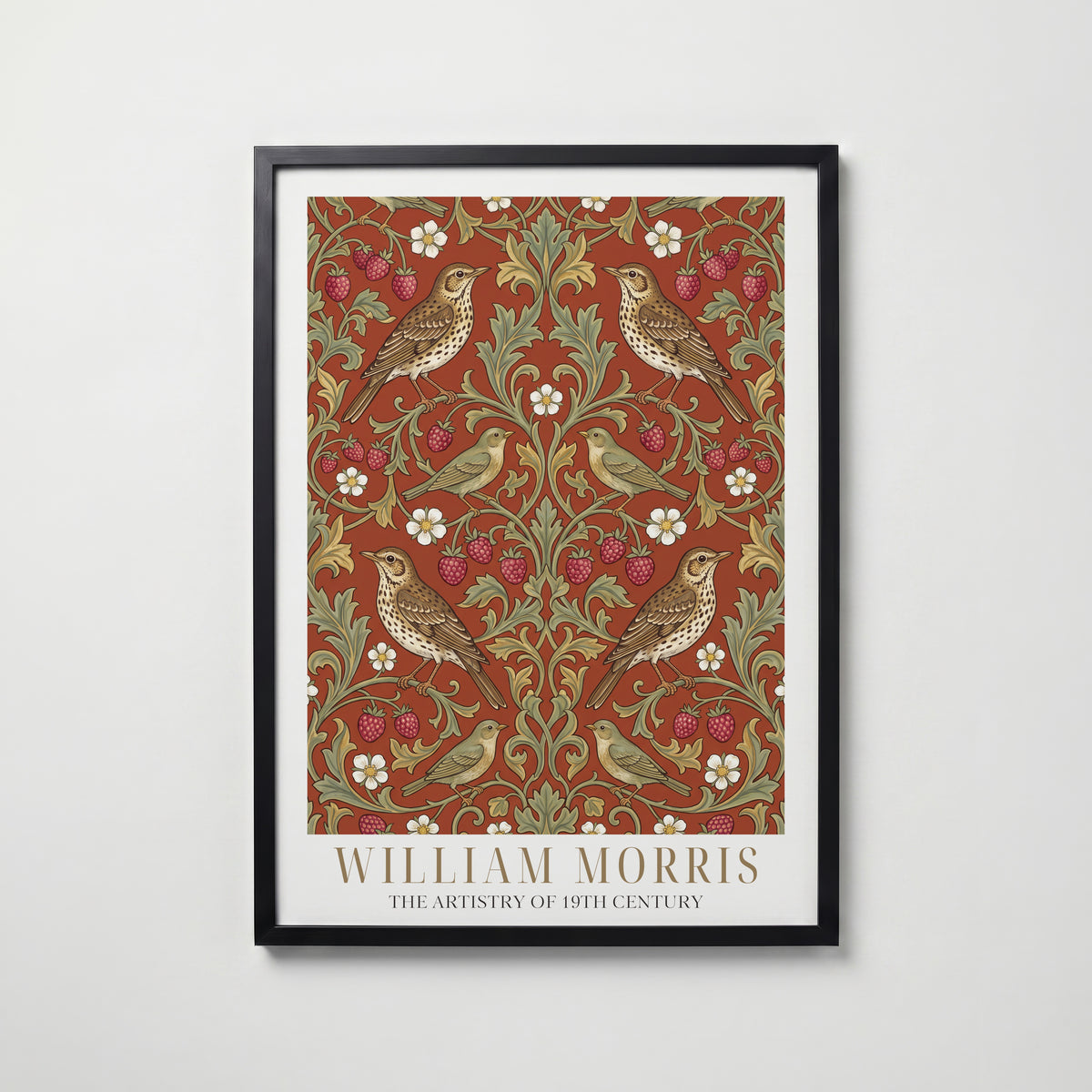 William Morris Thrushes and Strawberries on Terracotta Poster – svart ram