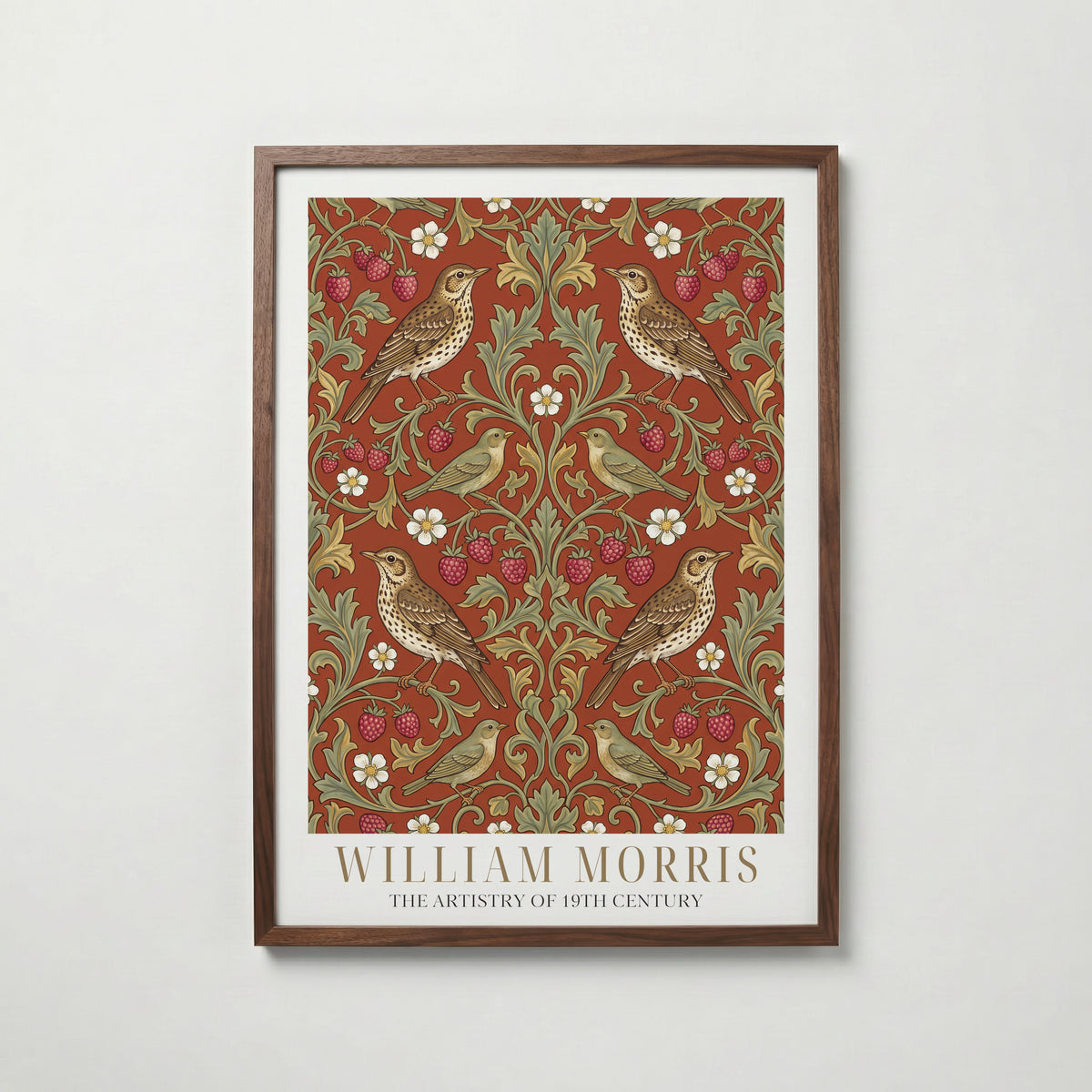 William Morris Thrushes and Strawberries on Terracotta Poster – valnötsram