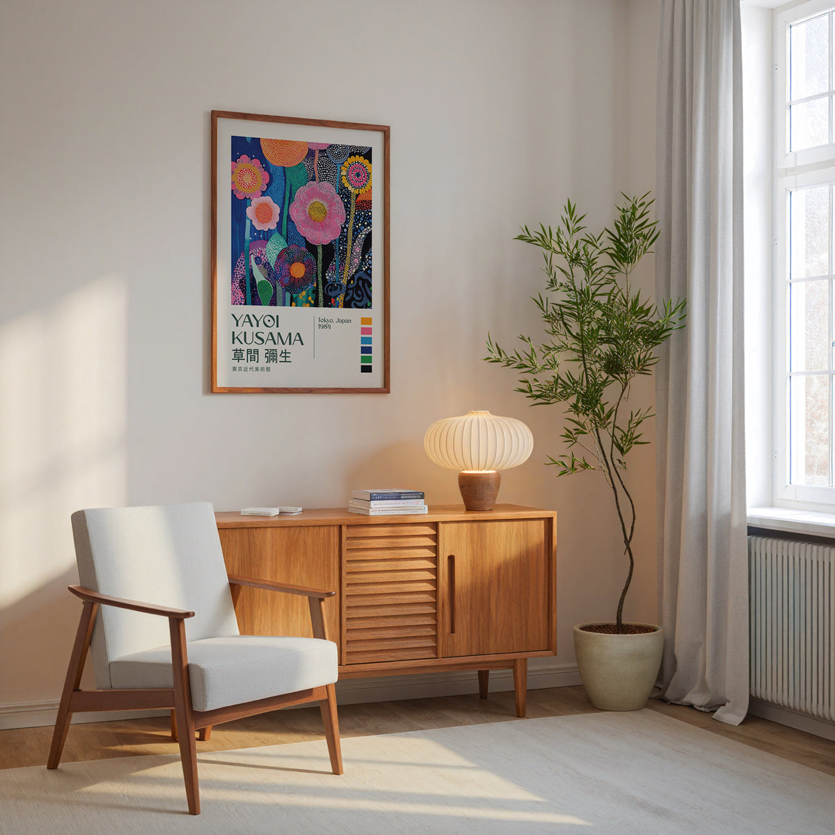 Yayoi Kusama Blooming Infinity affisch på neutral bakgrund – poster från Bozetto