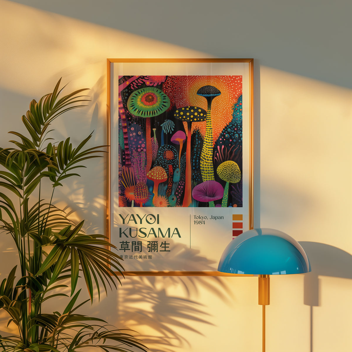 Väggmockup med Yayoi Kusama Midnight Garden – köp enkelt hos Bozetto affisch i hög kvalitet