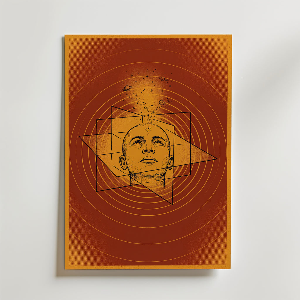 Celestial Mind Poster, mediterande huvud bland stjärnor i terrakotta, tryckt i Sverige