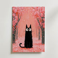 Cat in Cherry Blossom Poster, svart katt bland rosa korsblommor, konsttryck fran Bozetto