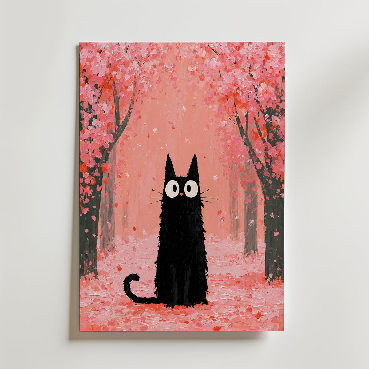 Cat in Cherry Blossom Poster, svart katt bland rosa korsblommor, konsttryck fran Bozetto