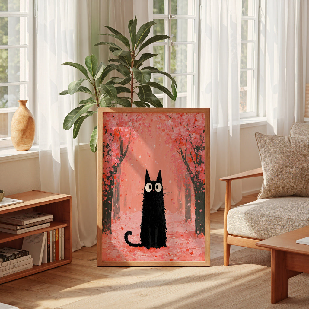Cat in Cherry Blossom Poster som inredningsdetalj over en soffa
