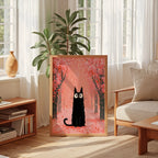 Cat in Cherry Blossom Poster som inredningsdetalj over en soffa