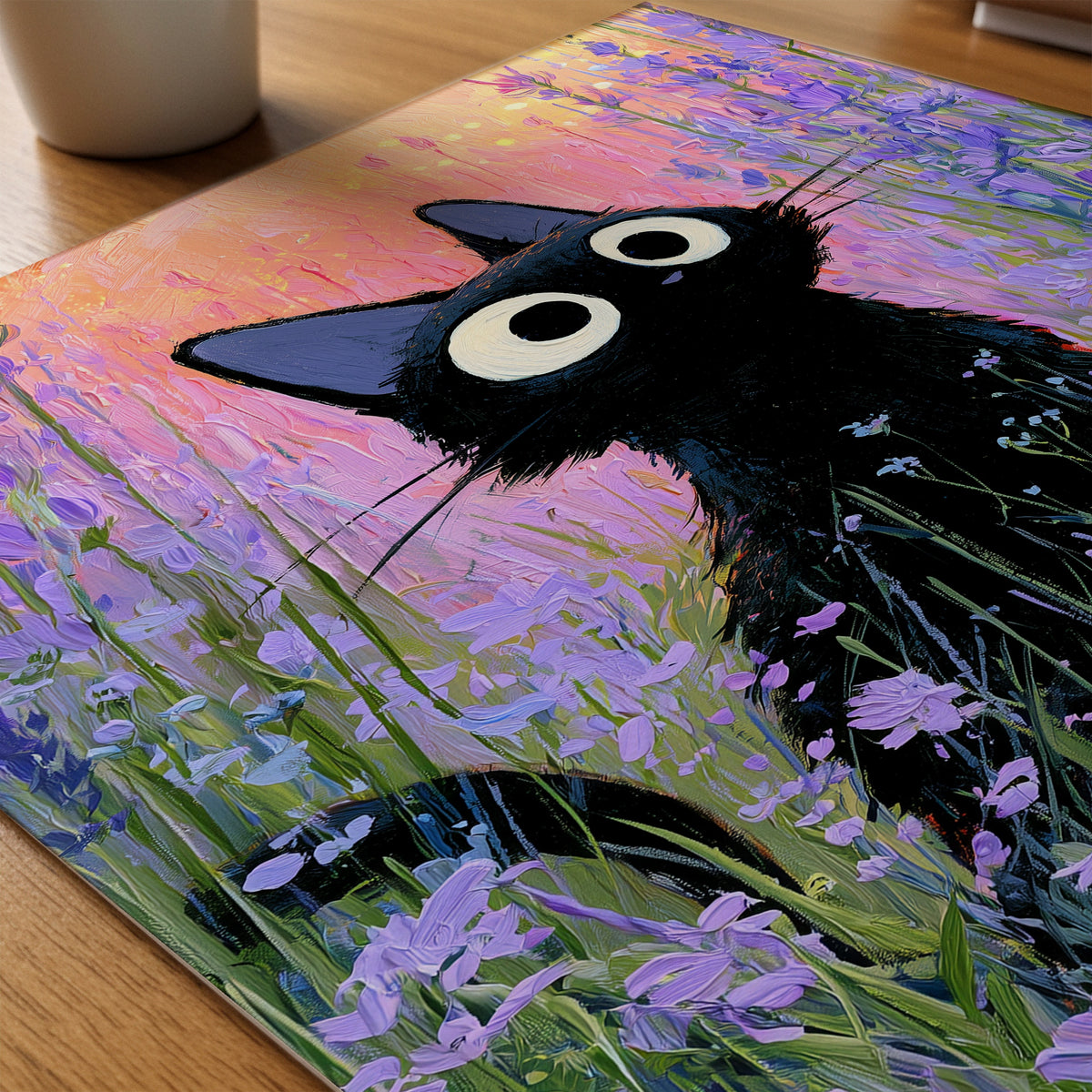 Cat in Violette Meadow Poster på skrivbord - Bozetto