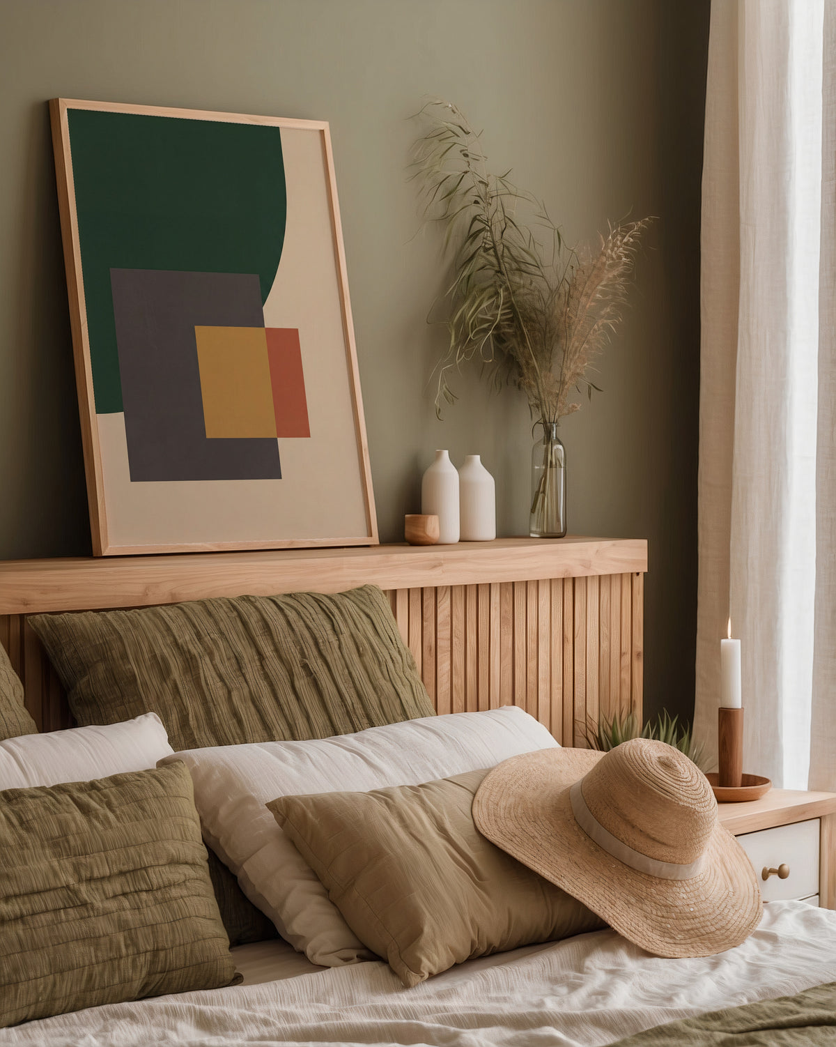 Geometrisk Forest Forms poster på väggen ovanför en stilren inredningsdetalj