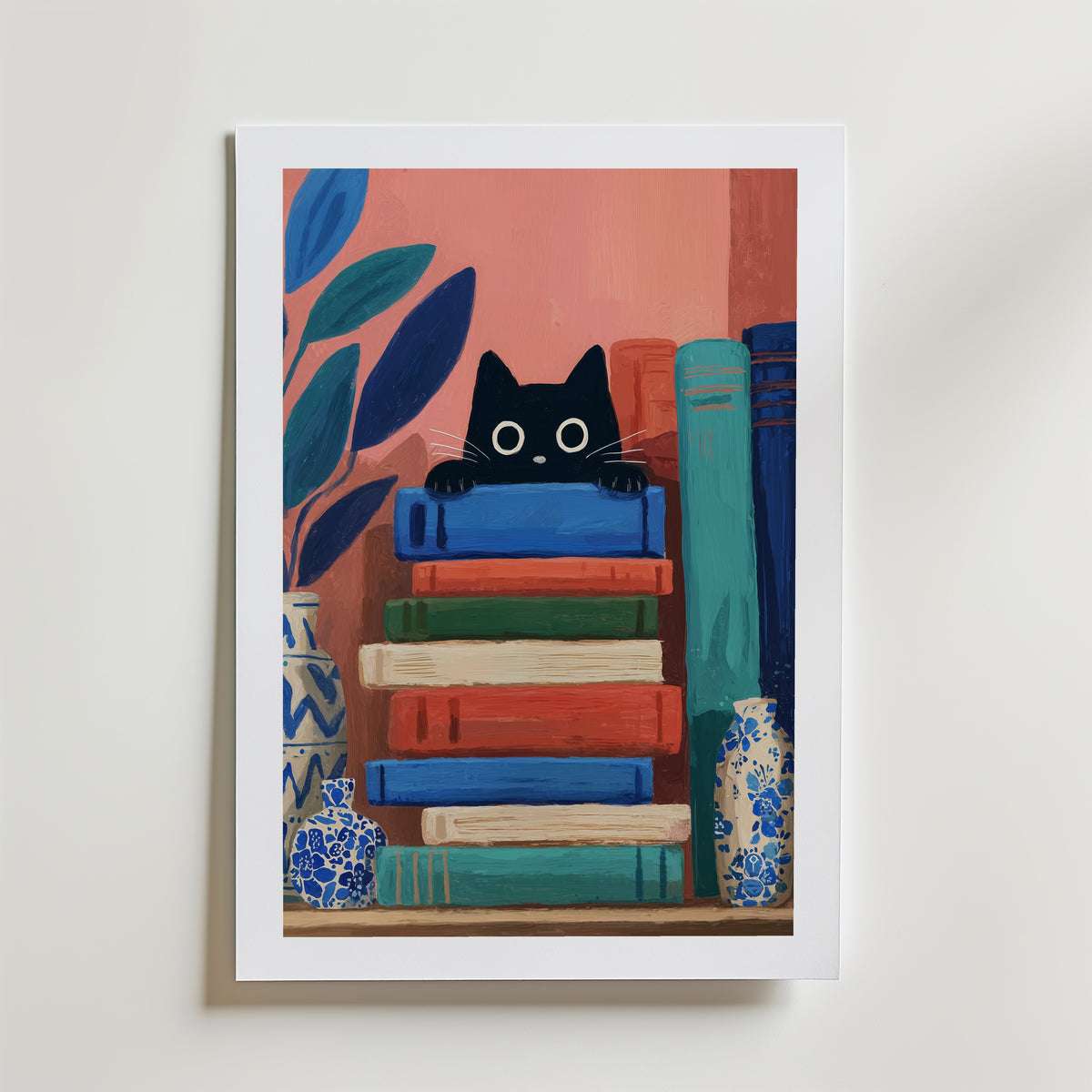 Curious Book Cat Poster – med passepartout