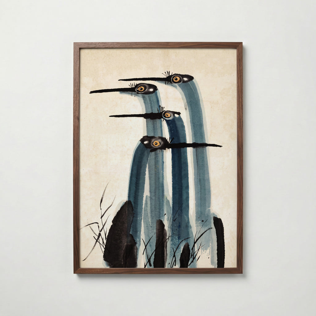 Ink Cranes Poster, japanskt tranmotiv i tusch i valnötsram, fri frakt över 499 kr hos Bozetto