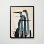 Ink Cranes Poster, japanskt tranmotiv i tusch i svart ram, konsttryck från Bozetto