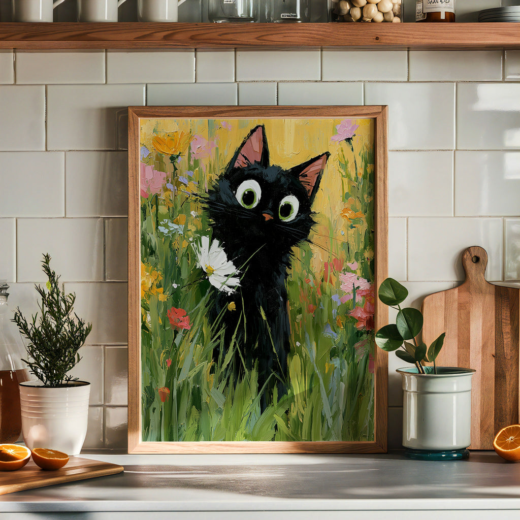 Garden Cat with White Flower Poster pa vaggen i ett modernt hem