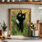 Garden Cat with White Flower Poster pa vaggen i ett modernt hem