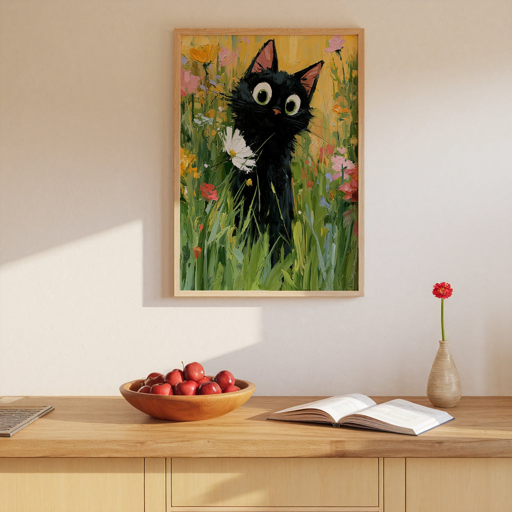 Garden Cat with White Flower Poster i en inredd rumsmiljo