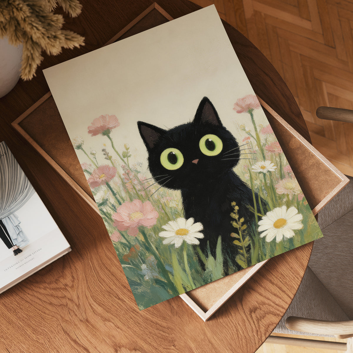 Curious Meadow Cat affisch på vit bakgrund – köp enkelt hos Bozetto i hög kvalitet