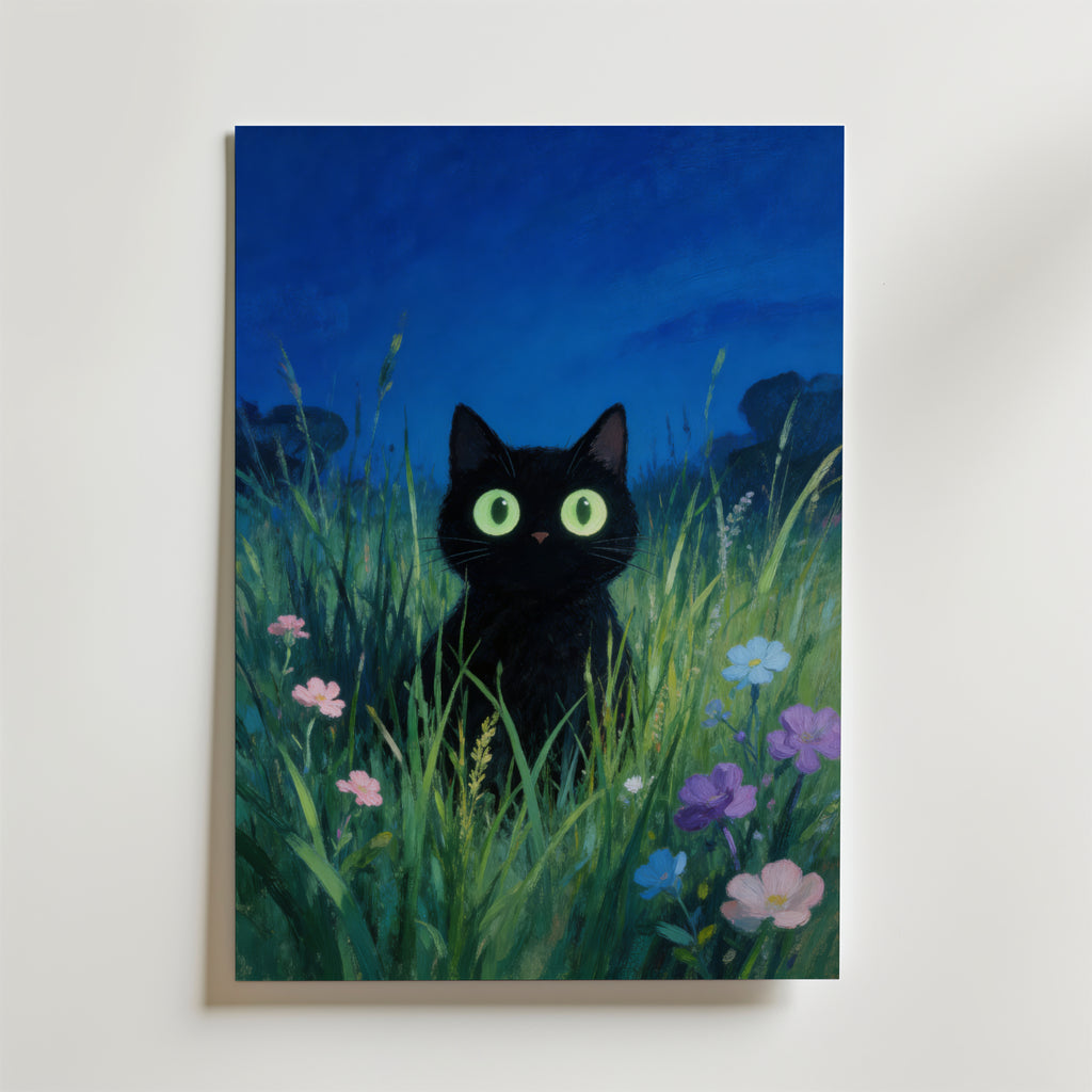 Verdant Night Cat – stilfullt konsttryck från Bozetto, tryckt på matt finpapper i hög tryckkvalitet