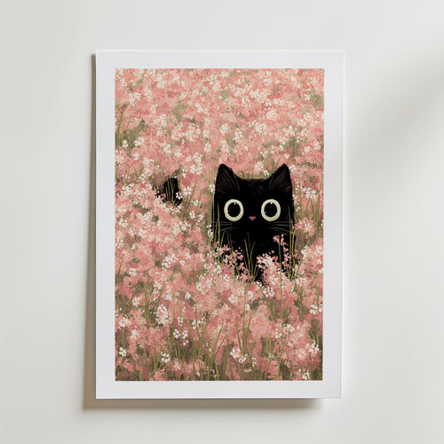 Hidden Blossom Cat Poster – med passepartout