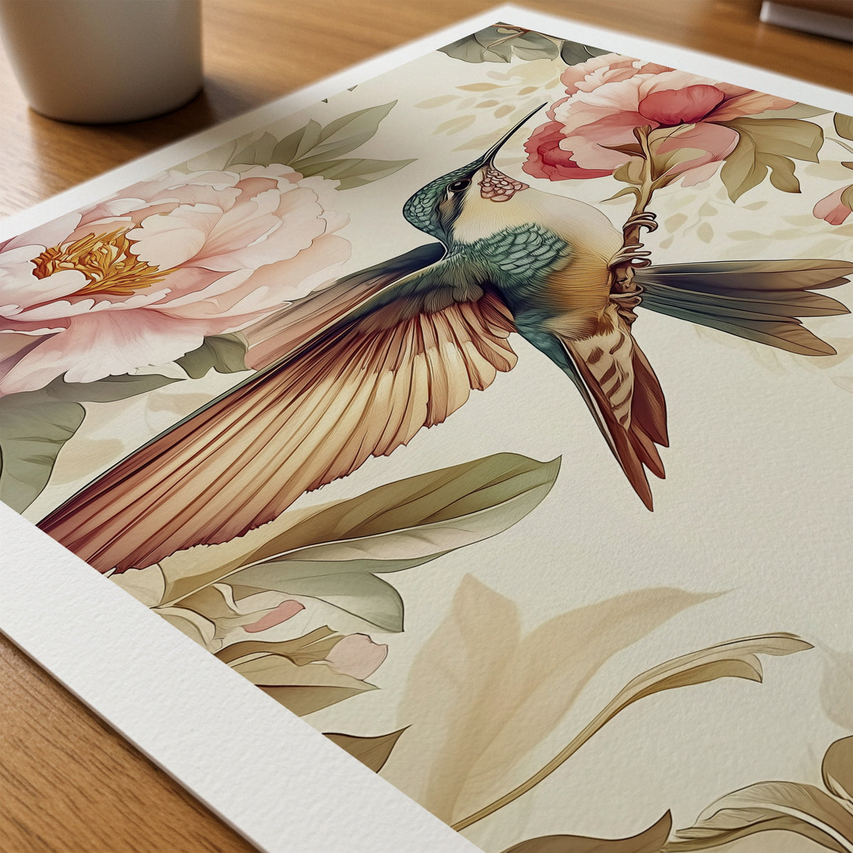 The Hummingbird Garden William Morris poster liggande på skrivbord – Bozetto paper on desk i hög tryckkvalitet