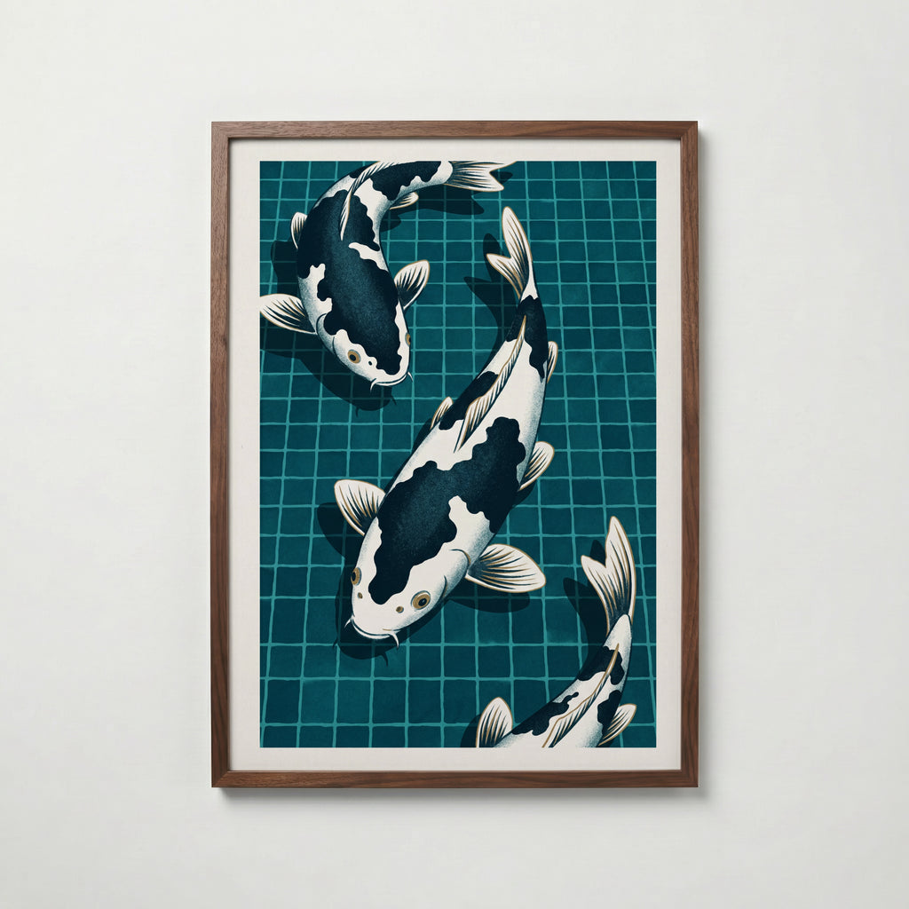 Koi Pool Poster i valnötsram, konst från Bozetto