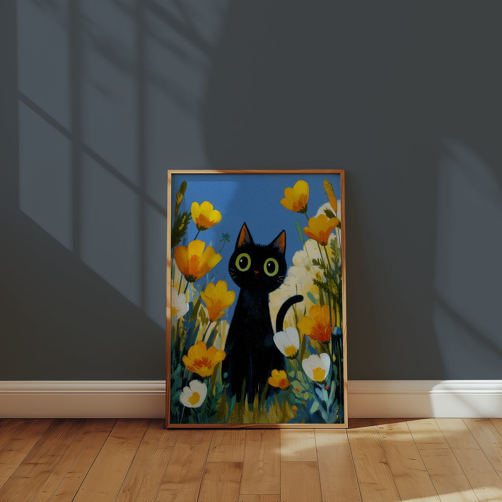 Midnight Meadow Cat affisch kant till kant i ram på vägg – Bozetto väggkonst