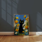 Midnight Meadow Cat affisch kant till kant i ram på vägg – Bozetto väggkonst