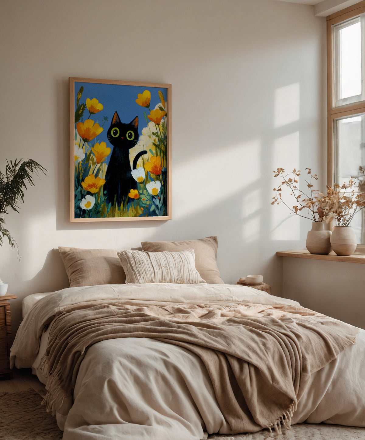 Midnight Meadow Cat poster kant till kant i inramad rumsmiljö – Bozetto väggdekor