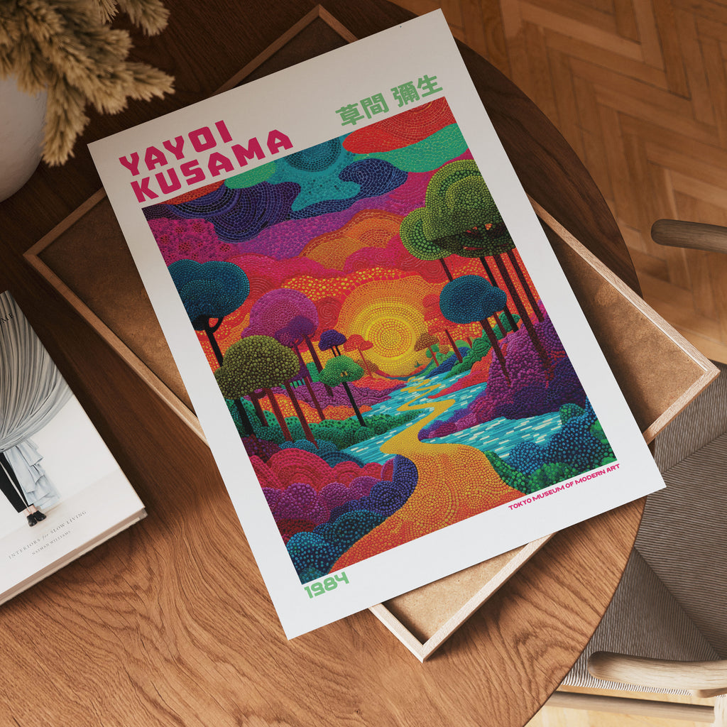 Yayoi Kusama Dotted Sunset poster visualiserad på vägg – från Bozetto i hög kvalitet
