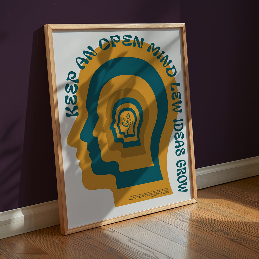 Open Mind Poster som inredningsdetalj i ett ljust rum, affisch från Bozetto