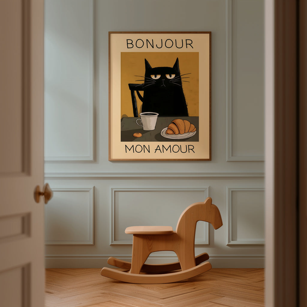 Parisian Cat Breakfast poster i stilren inredning – Bozetto konsttryck i hög kvalitet