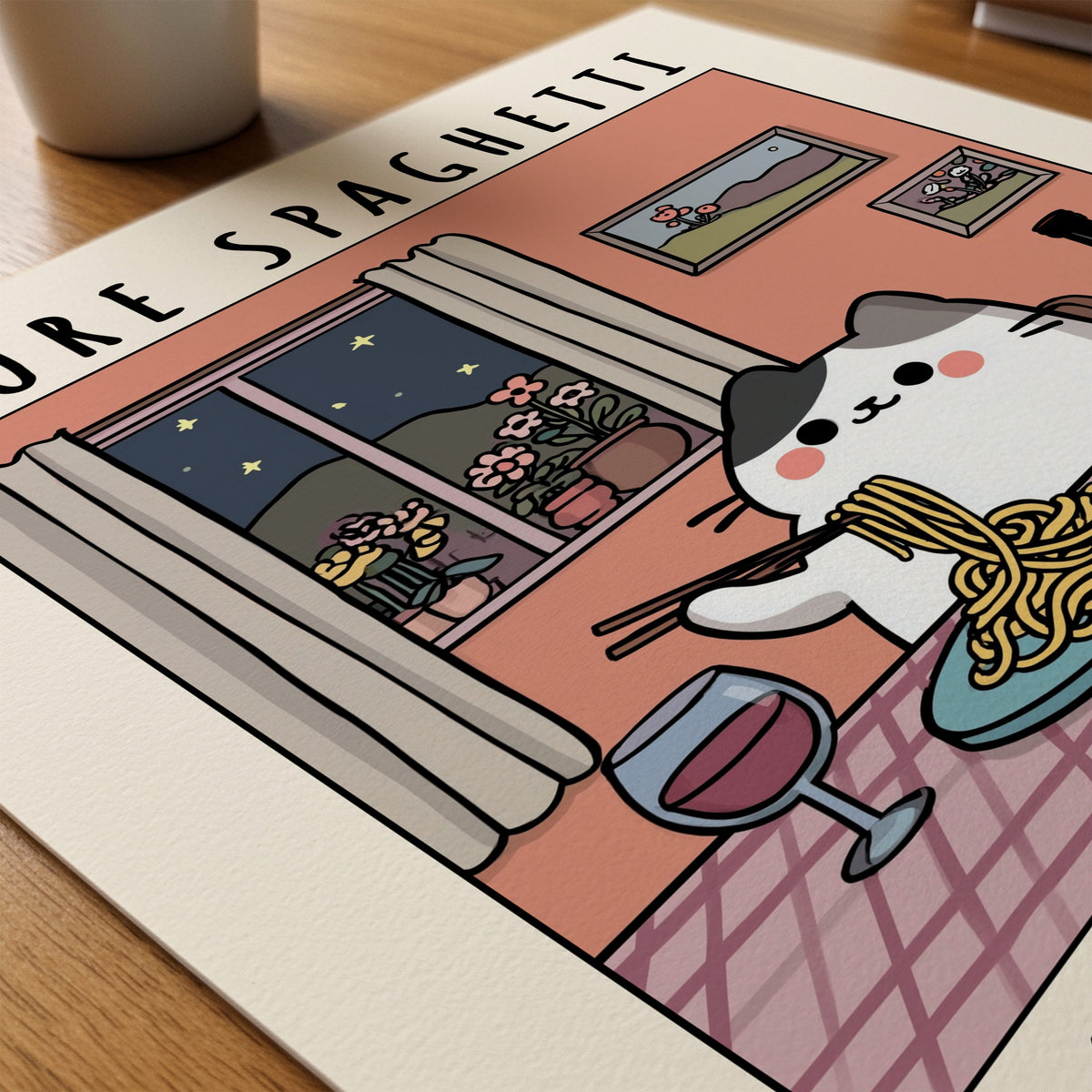 Spaghetti Comfort Cat poster på skrivbord – Bozetto affisch i hög kvalitet