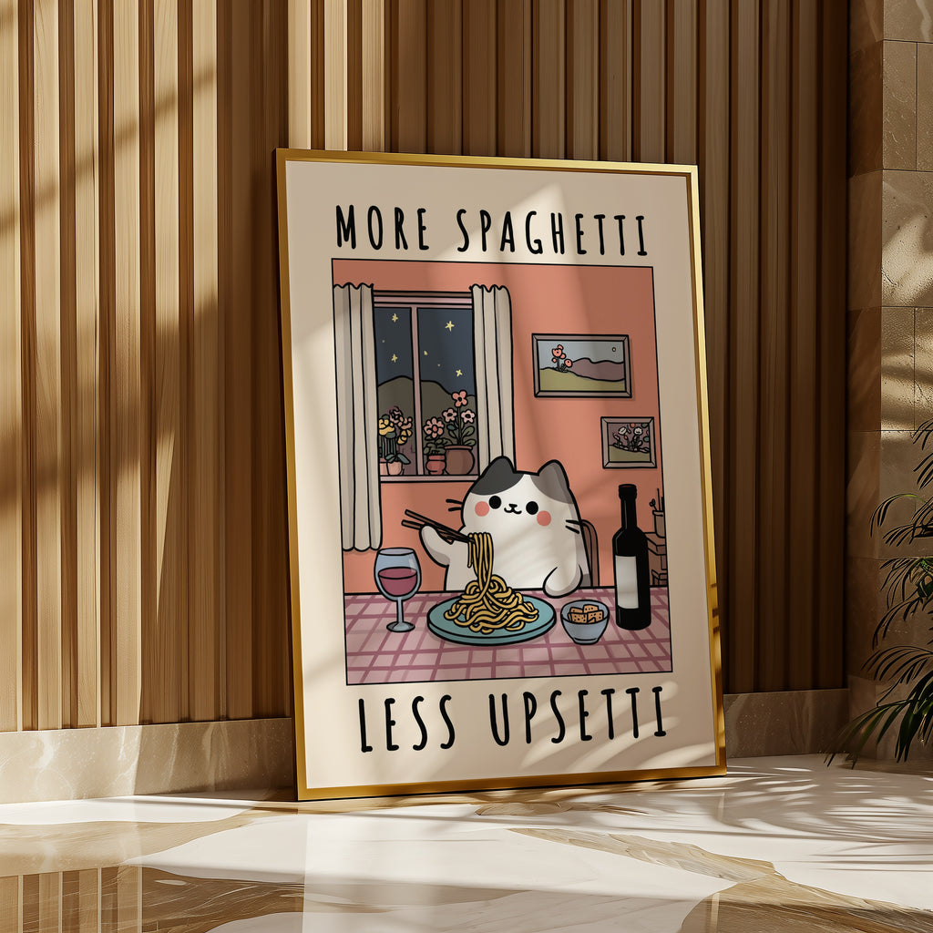 Spaghetti Comfort Cat poster i modernt hem – Bozetto affisch i hög kvalitet