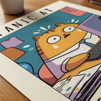 Corporate Panic Cat konsttryck på skrivbord – Bozetto poster i hög kvalitet