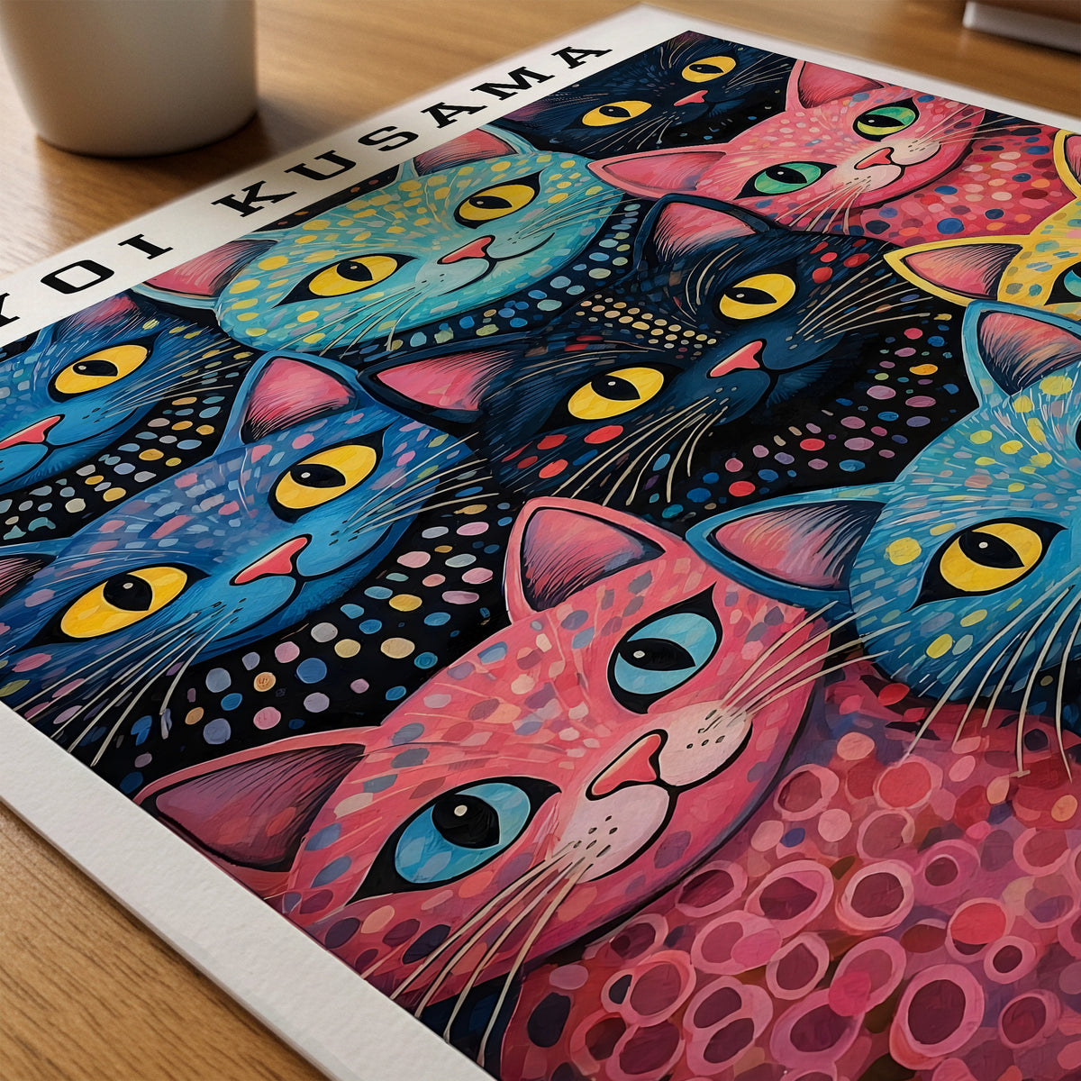 Yayoi Kusama Polka Dot Cat Parade poster på skrivbord, paper on desk – Bozetto