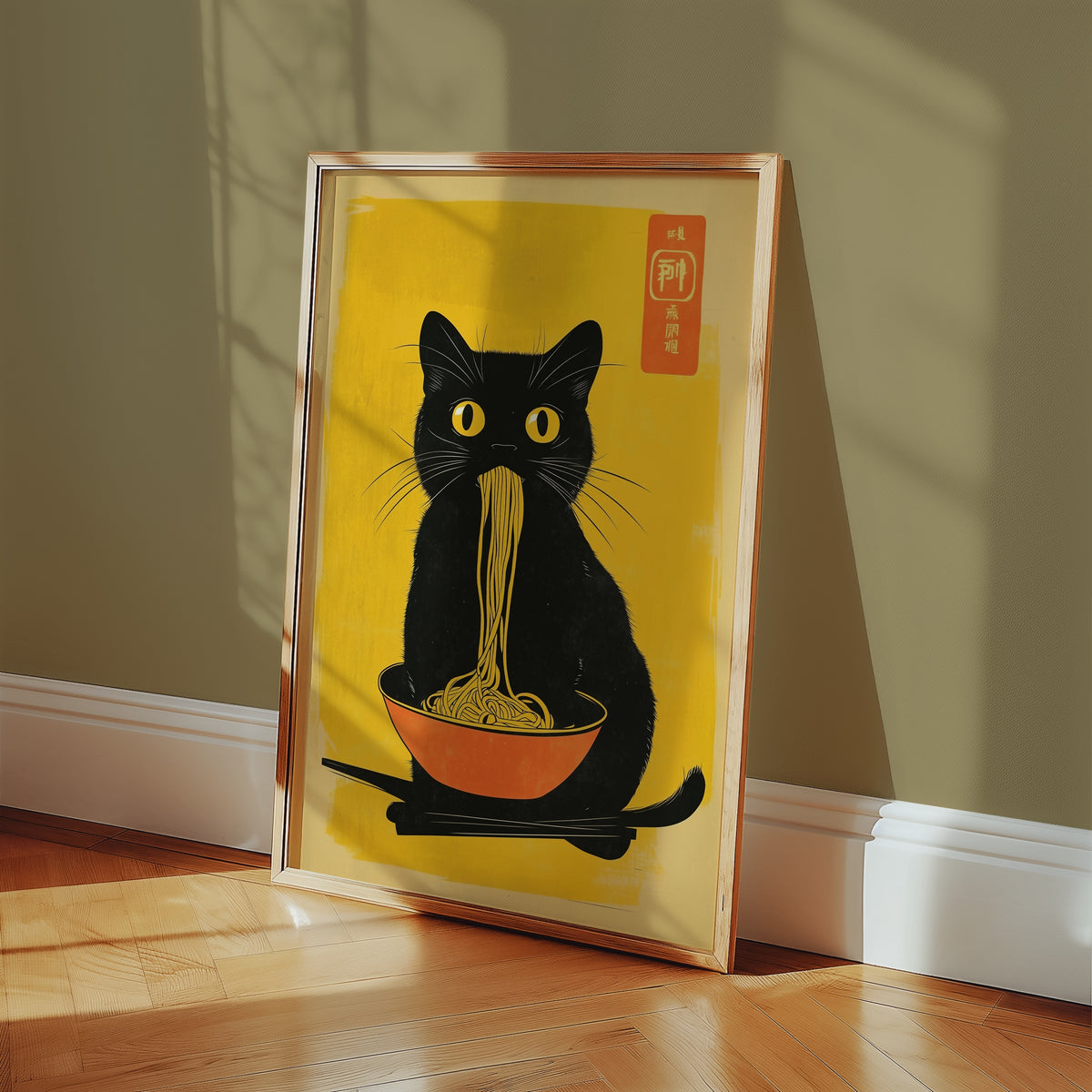 Black Cat Eats Noodle poster inramad i modern inredning – Bozetto