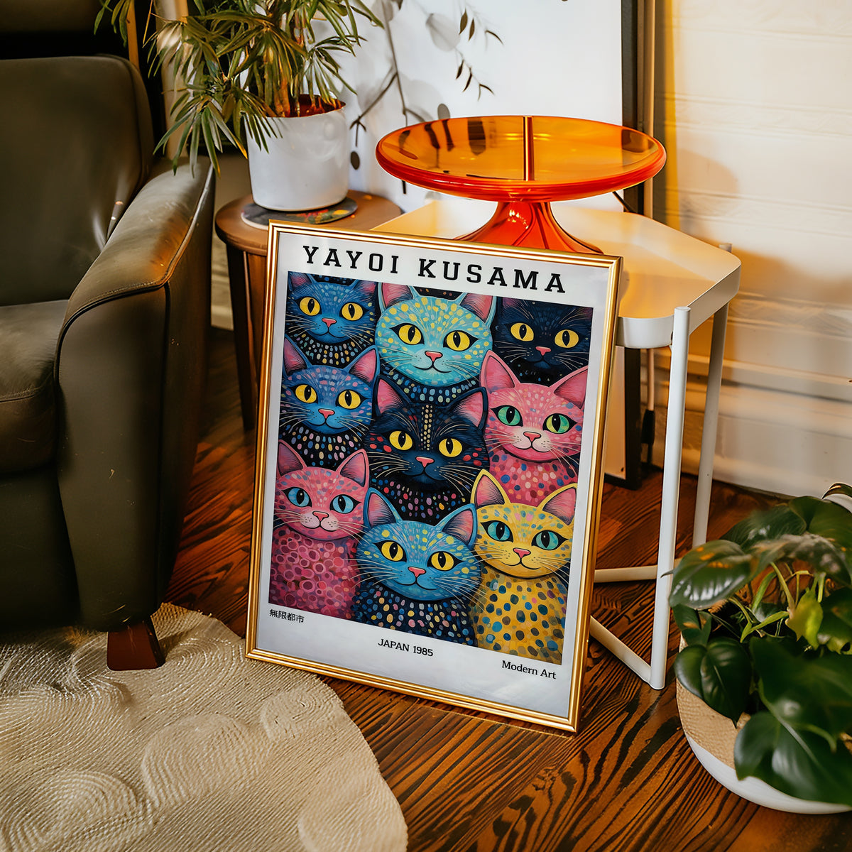 Yayoi Kusama Polka Dot Cat Parade poster på vägg i hemmiljö – Bozetto