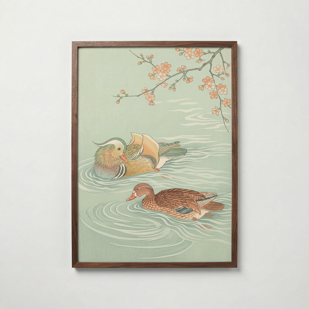 Spring Waters Poster – japanskt träsnitt med två mandarinänder och blommande gren i celadon och persika i valnötsram, fri frakt över 499 kr