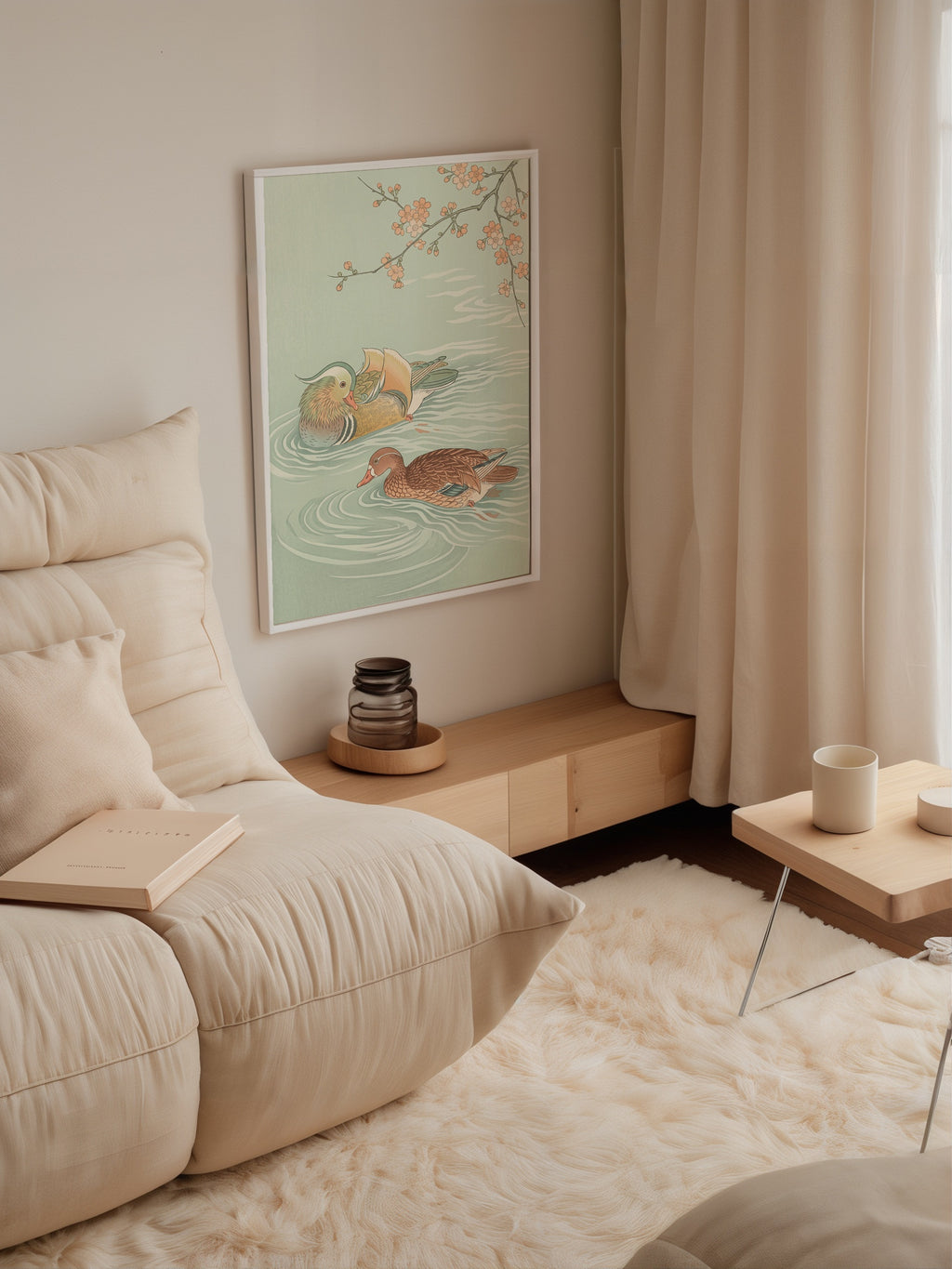 Spring Waters Poster – japanskt träsnitt med två mandarinänder och blommande gren i celadon och persika i inrett rum med mjukt ljus, leverans 1-3 dagar
