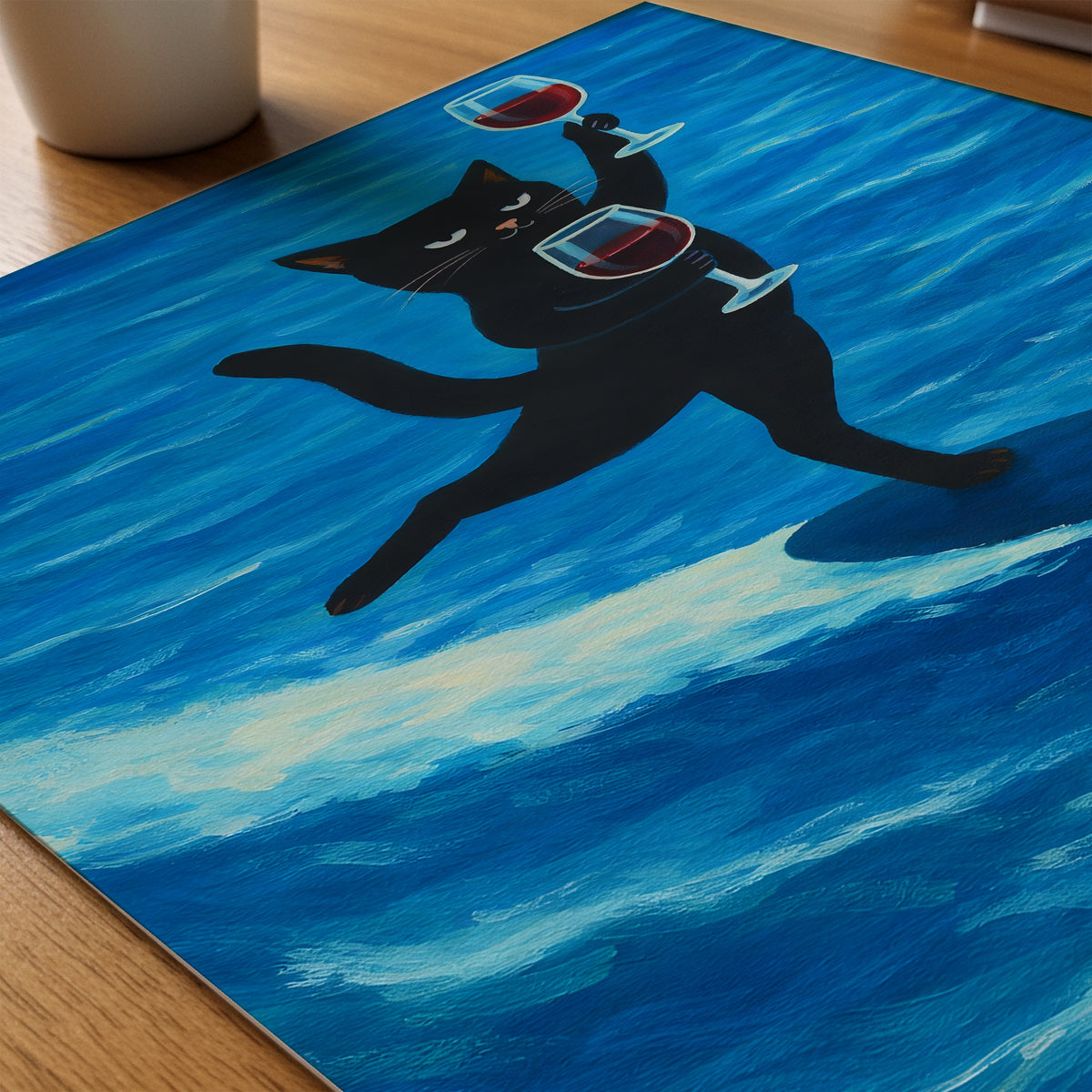 Surfing Wine Cat Poster på skrivbord - Bozetto