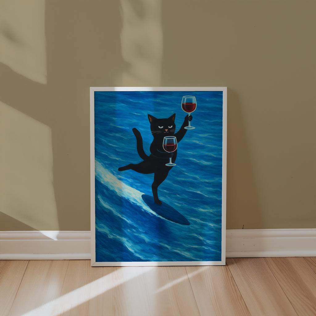 Plakat z kotem surfującym na winie