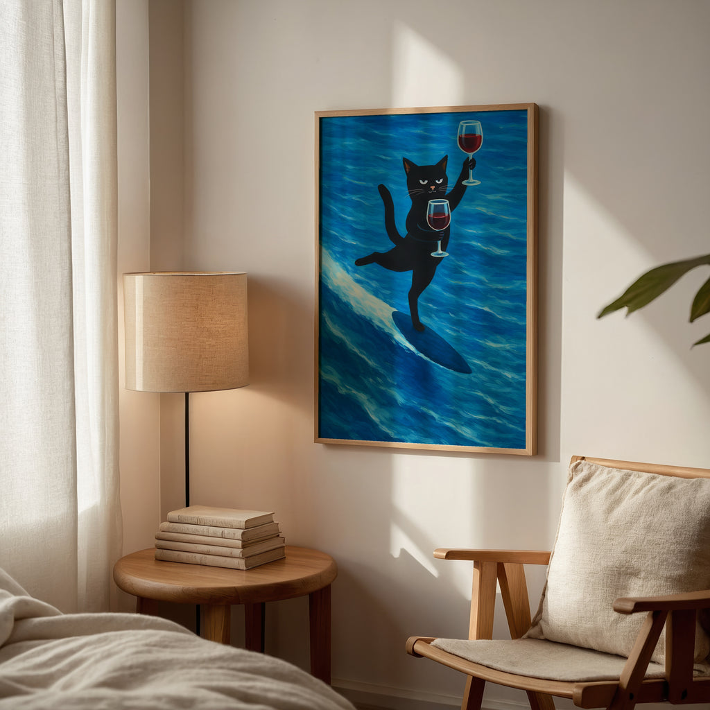 Plakat z kotem surfującym na winie