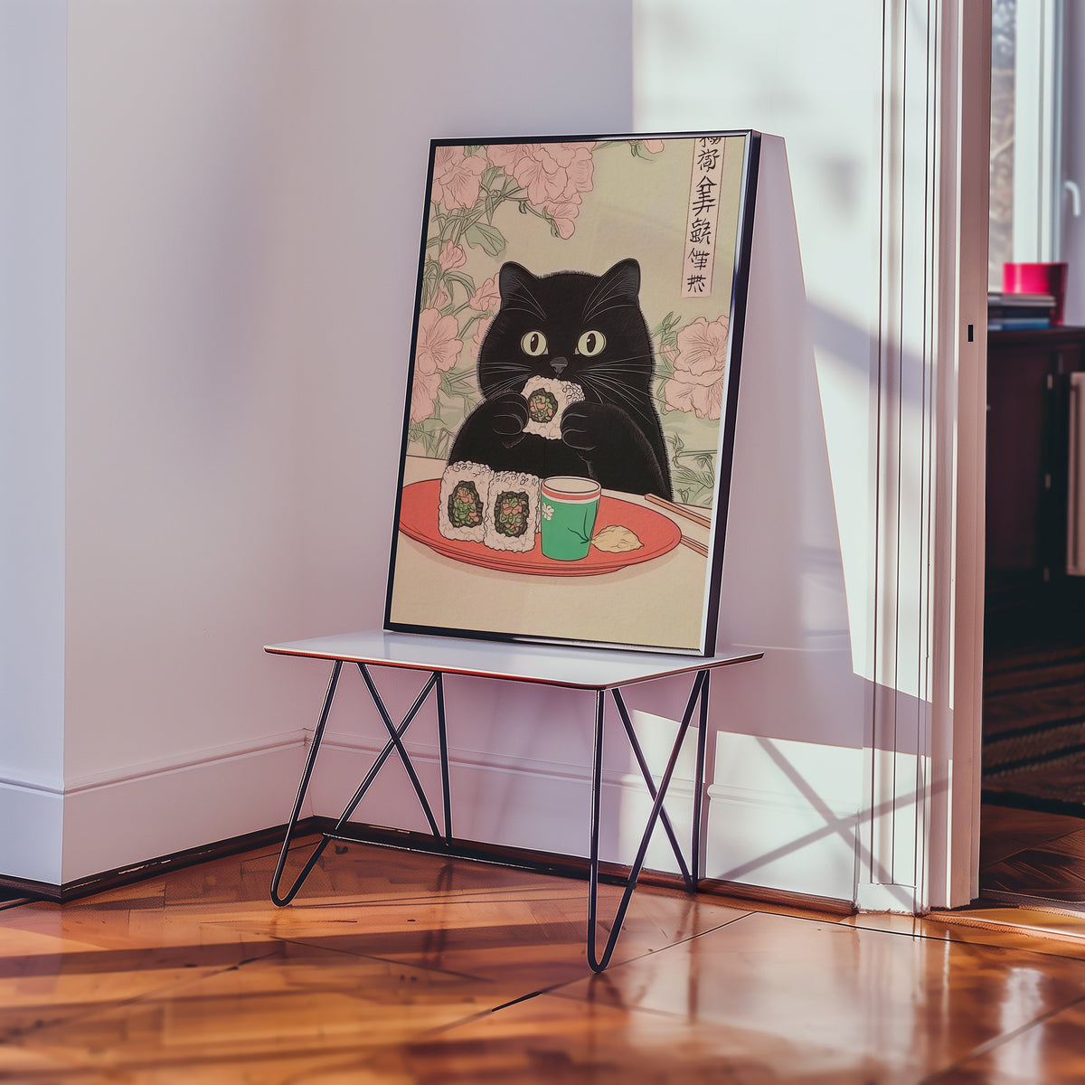 Sushi Cat poster på vägg i inrett rum – konsttryck från Bozetto i hög kvalitet