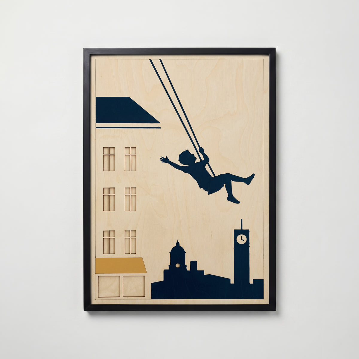 Skyline Swing Poster i svart ram, stadssiluett väggkonst från Bozetto