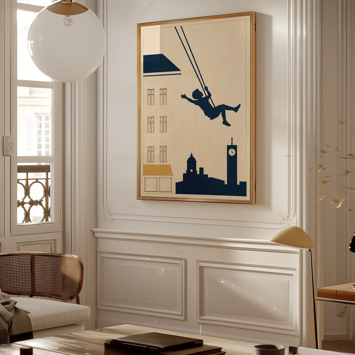 Skyline Swing Poster ovanför soffa, marinblå siluett, leverans 1 till 3 dagar
