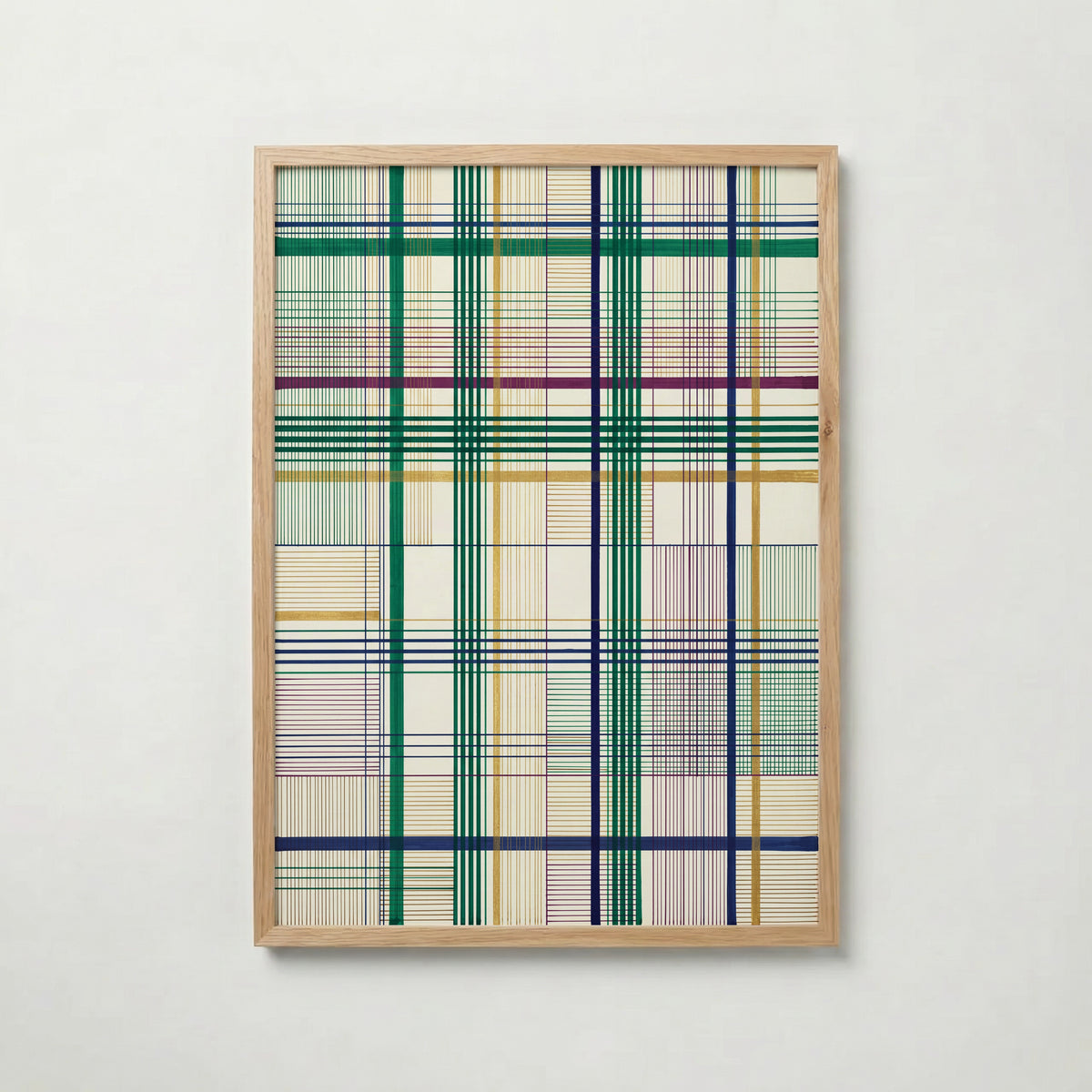Threaded Grid Poster – fint linjerutnät i smaragd, marinblått, plommon och guld på elfenben i ekram, tryckt i Sverige