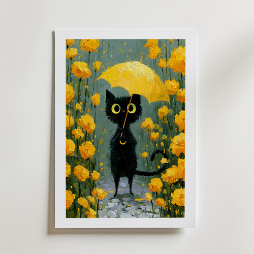 Umbrella Cat in Yellow Garden Poster – med passepartout